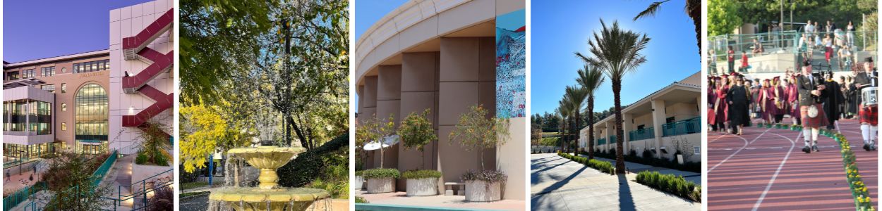 Collage of various buildings and areas of GCC, including Buena Vista, Library patio, fountain, Athletics complex, and 2012 commencement procession