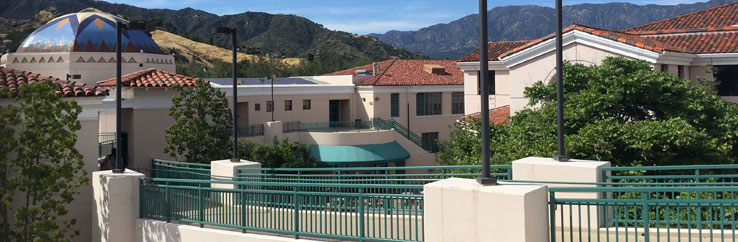 View of Science Center and bridge over SG plaza