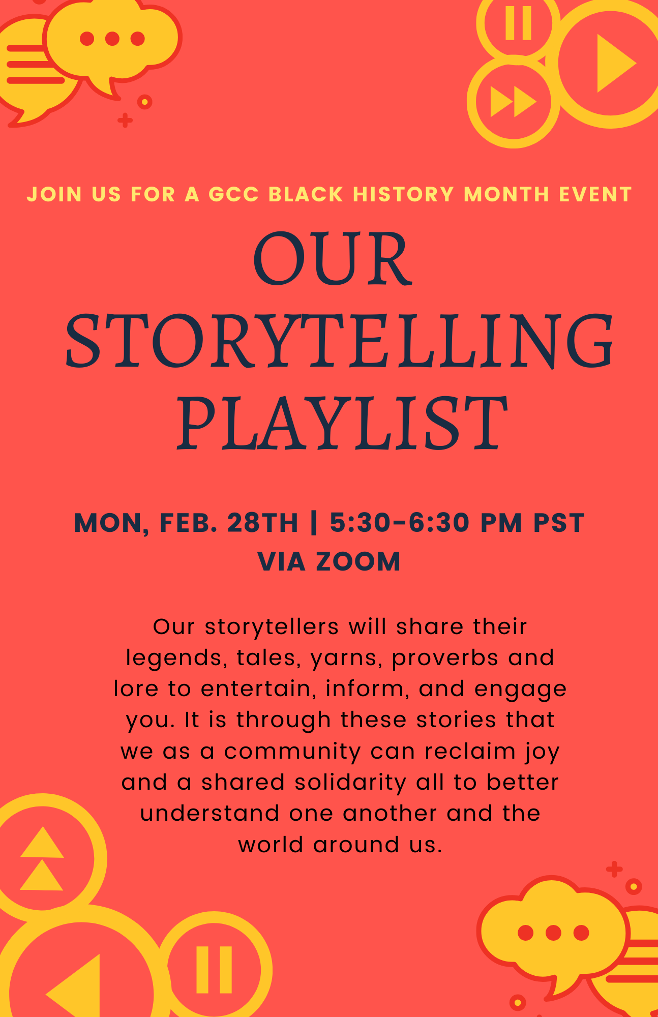 Salmon and gold colored flyer for event reading Our Story Telling Playlist with information regarding the event