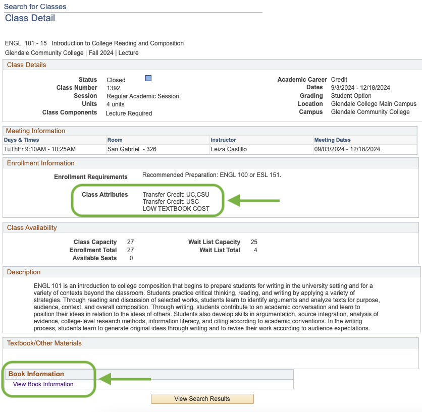 Your Search Results will show class sections that have the textbook cost you selected