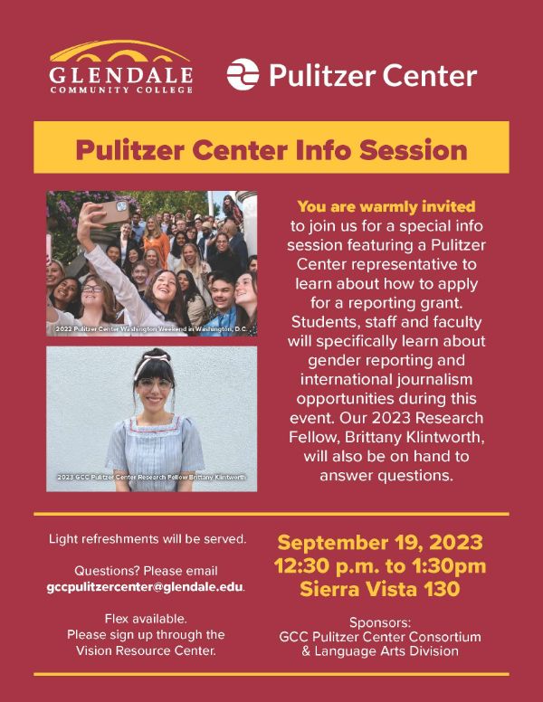 Pulitzer Center Info Session flyer on Sept. 19, 2023