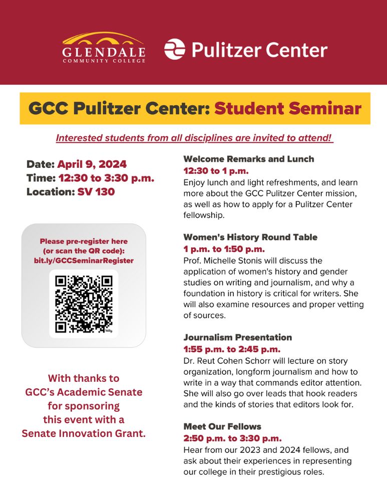 April 9, 2024 GCC Pulitzer Center Student Seminar Flyer