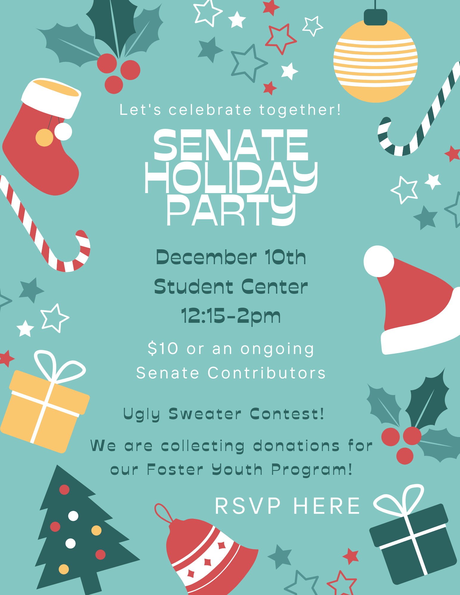 festive flyer for the Senate holiday party